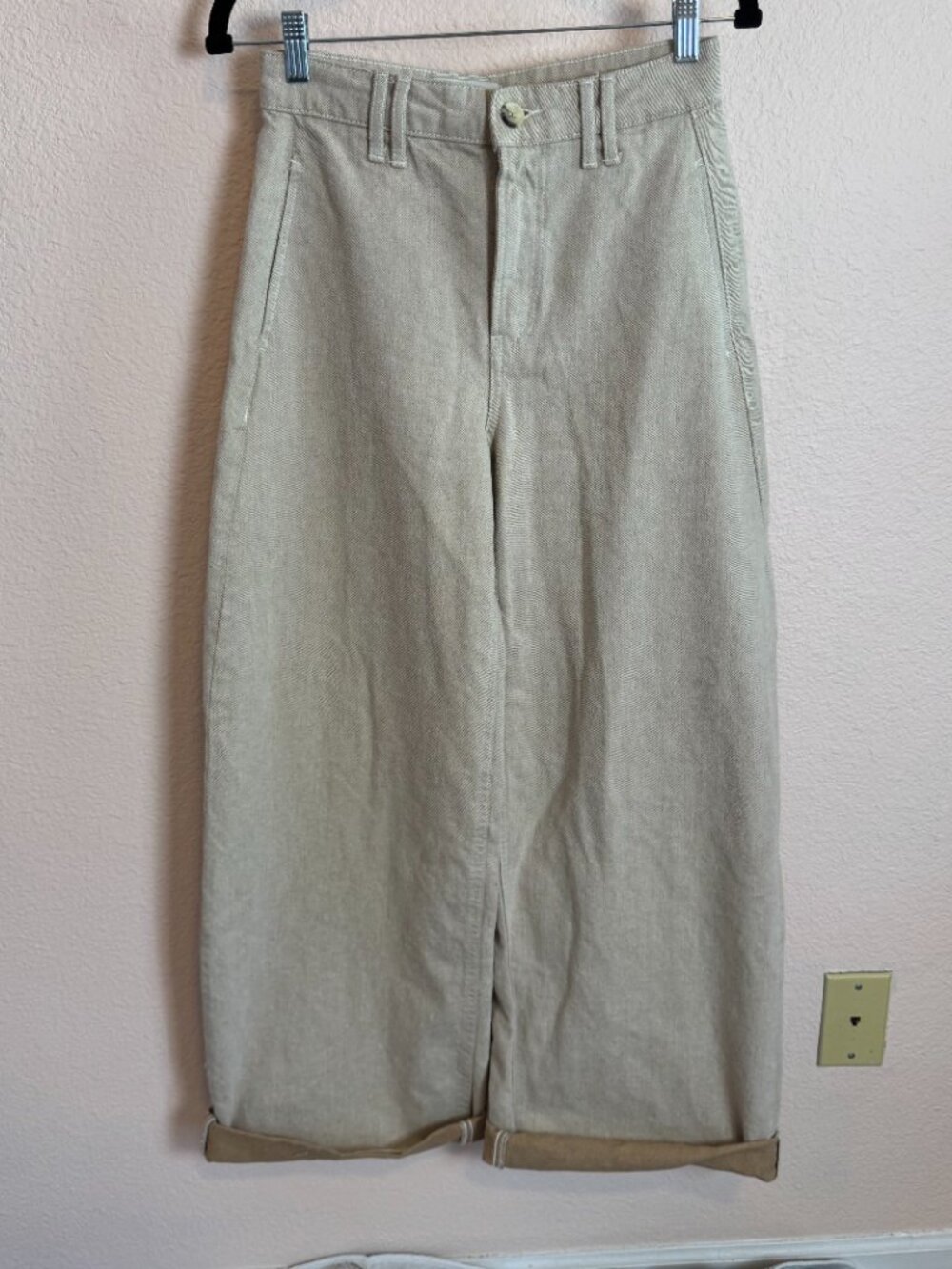 Spring Staple Hemp blend Baggy Wide Leg Trouser Jean Cuffed Khaki Sz 2